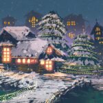 Navidad night,scene,of,wooden,houses,with,christmas,lights,illustration,painting