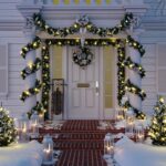 Navidad 3d,rendering.,christmas,decorated,porch,with,little,trees,and,lanterns.
