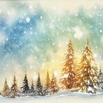 Navidad watercolor forest illustration, winter trees, christmas nature, holiday background, conifer, snow, outdoor, snowy rural landscape