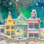 Navidad cute european urban landscape, winter with houses, bridges, lanterns and snow on the background of the night sky and the northern lights with stars. watercolor illustration. christmas and new year.