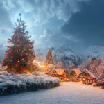 Navidad santa's village hidden behind the mountains surrounded by christ