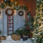 Navidad decorations doors with wreath on it and artificial snow between green natural christmas trees