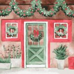 Navidad vector, red house facade decorated for christmas holidays, template for new year's card, merrychristmas, newyear