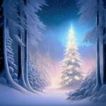 Navidad christmas tree glowing in winter forest at night, trees covered