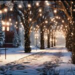 Navidad christmas lights are hanging near trees under snow