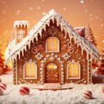 Navidad gingerbread house background. homemade christmas gingerbread house on table over blurred colored background. christmas background with boken lights. happy new year and happy winter holidays concept