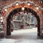 Navidad arafed archway with christmas decorations and lights in a snowy