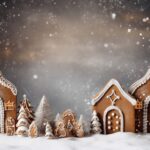 Navidad gingerbread house background. homemade christmas gingerbread houses on table over blurred snowy background. christmas background with copy space. happy new year and happy winter holidays concept